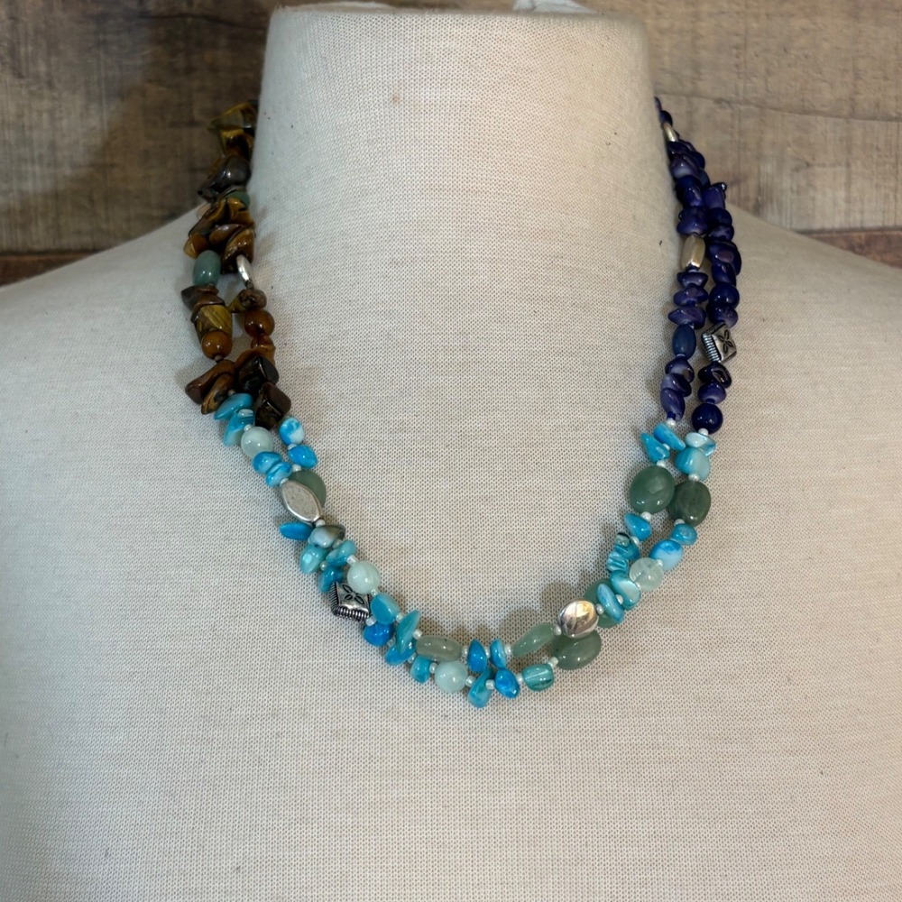 Multi Strand Mixed Stone Chip Necklace Blue Brown Tiger Eye Lapis Boho